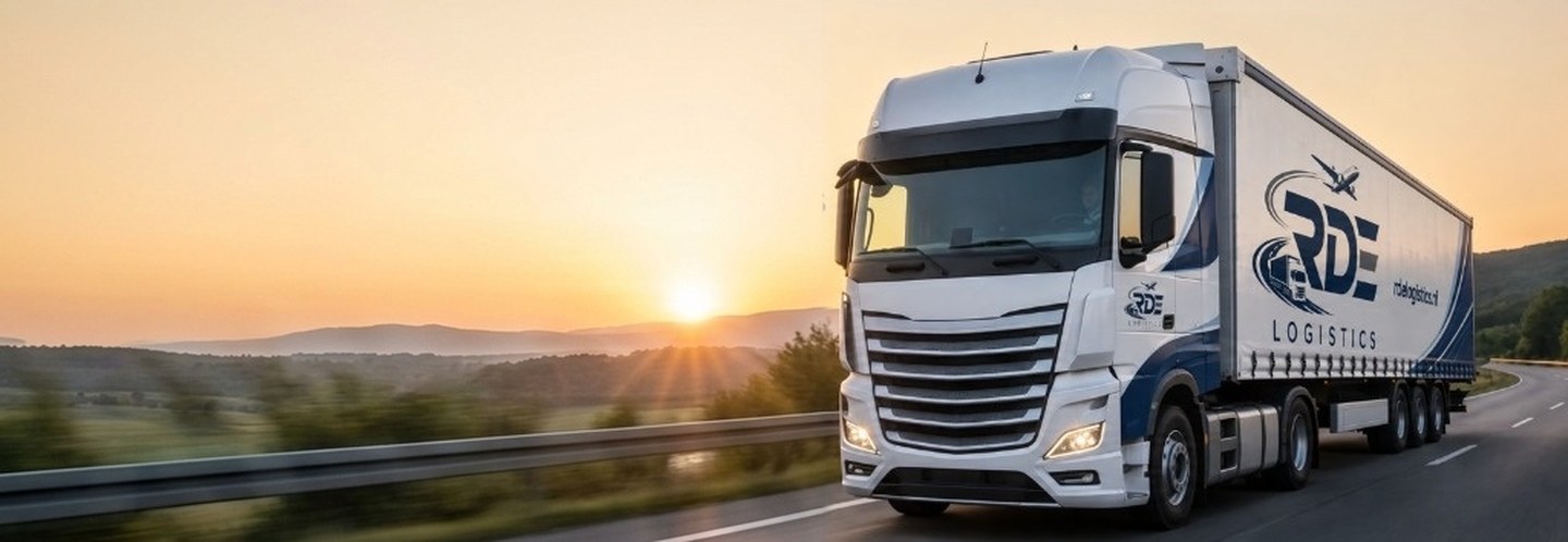Modern European Freight Truck on Highway at Sunset